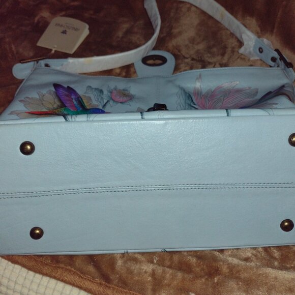 Anuschka Blue Leather Painted Hummingbird Shoulder Bag - Picture 3 of 7